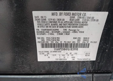 2015 Ford Taurus Se from USA, damaged, VIN 1FAHP2D84FG183998